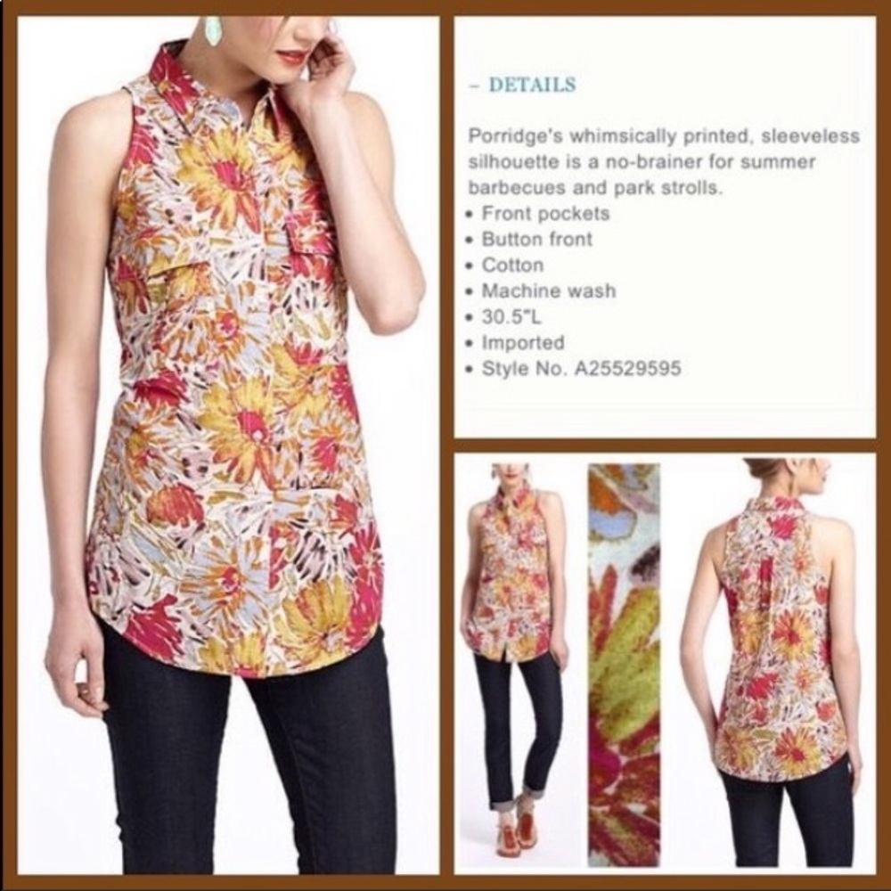Anthro Porridge Floral Watercolor Button Down Tank - Picture 6 of 7
